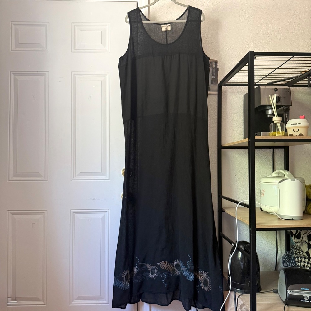 BARCLAY black vintage floral semi sheer paneled patchwork tiered sleeveless maxi